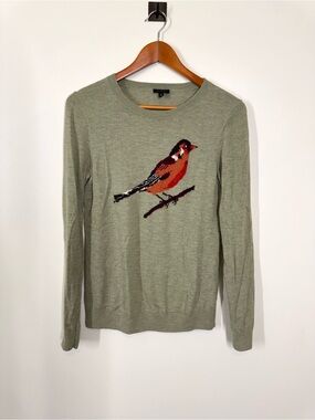 Talbots Light Olive Crewneck Sweater Bird on front Small Lambswool Crew neck